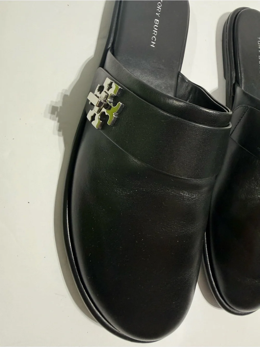 Tory Burch Black Leather Slide Mules with Silver Logo Accent